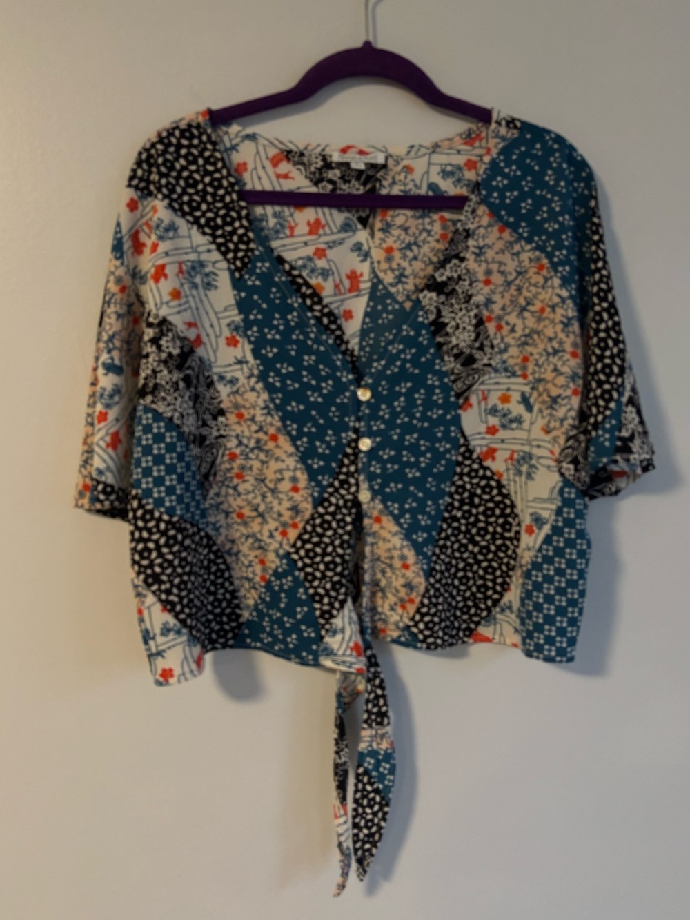 Patrons of Peace floral patchwork front tie short sleeve blouse boho top medium